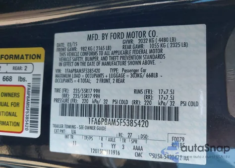 2015 Ford Mustang V6 z USA, uszkodzony, nr VIN 1FA6P8AM5F5385420